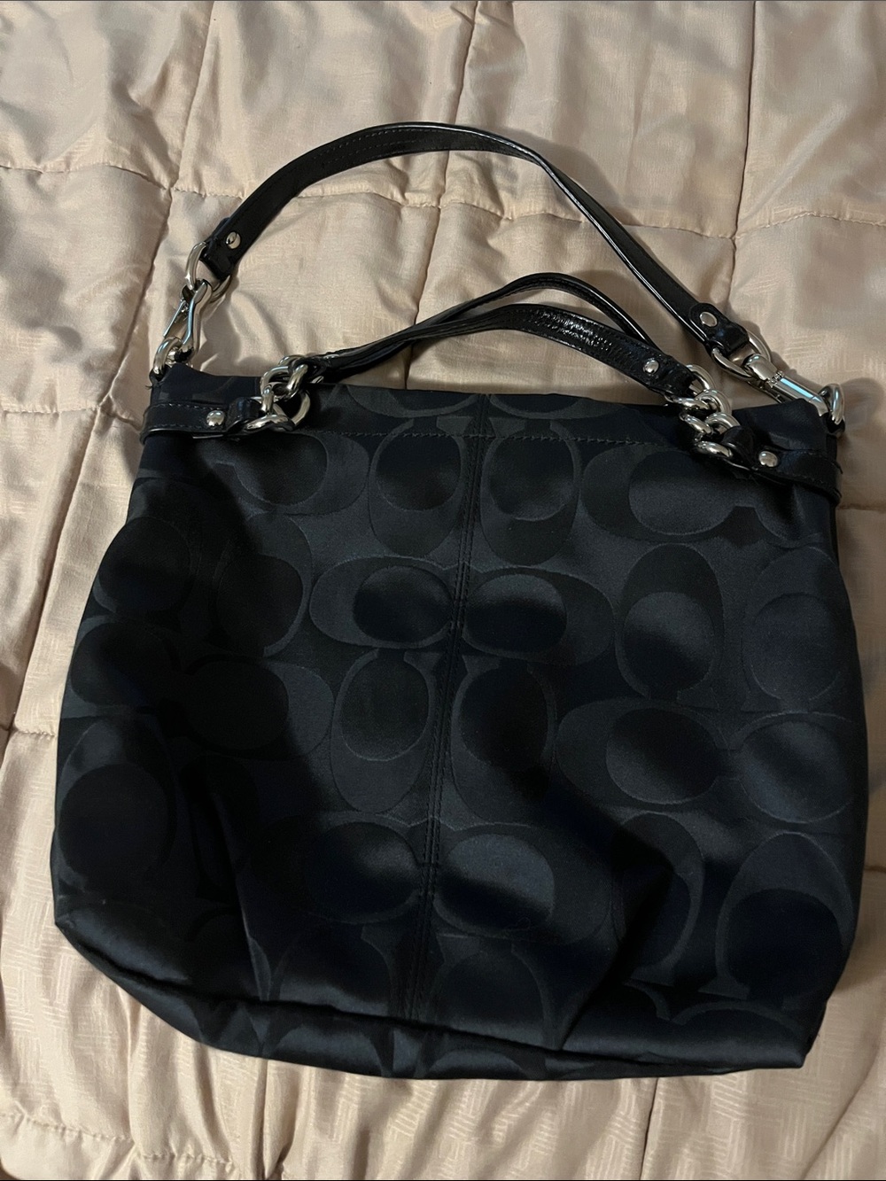 Coach Black Signature Jacquard Shoulder Bag with Chain-Detail Straps